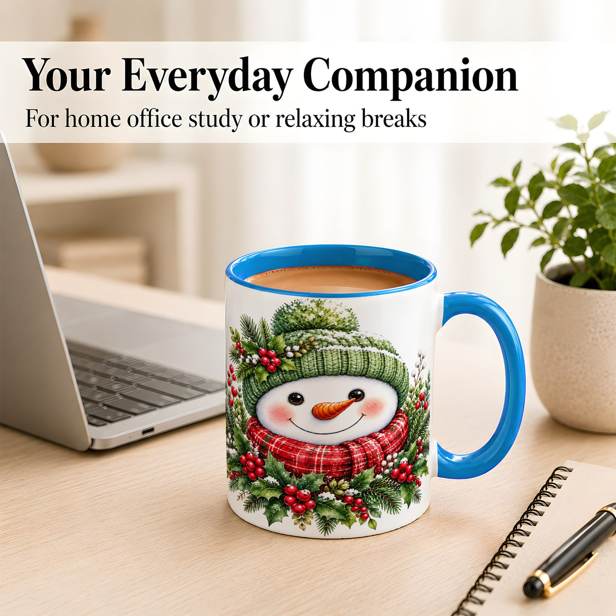 #pl[11oz|Blue] Christmas Snowman Coffee Mug, Holly Berry Mug, Ceramic Cup