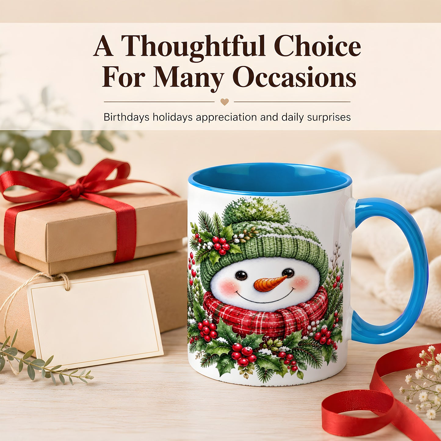 #pl[11oz|Blue] Christmas Snowman Coffee Mug, Holly Berry Mug, Ceramic Cup