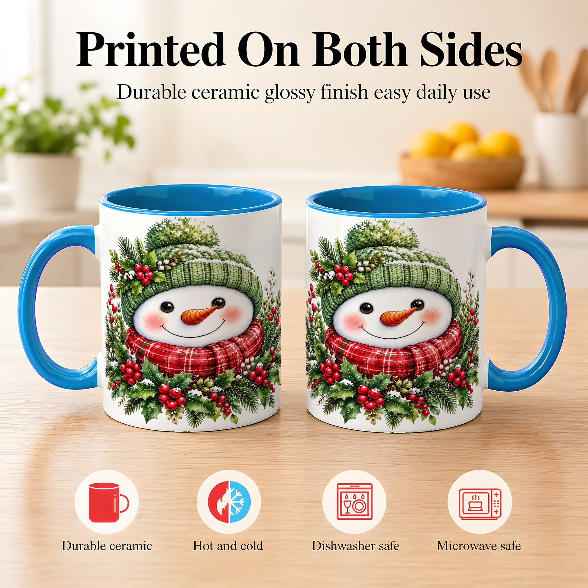 #pl[11oz|Blue] Christmas Snowman Coffee Mug, Holly Berry Mug, Ceramic Cup
