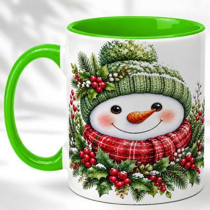 #pl[11oz|Green] Christmas Snowman Coffee Mug, Holly Berry Mug, Ceramic Cup