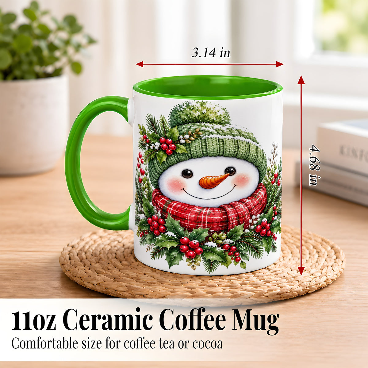 #pl[11oz|Green] Christmas Snowman Coffee Mug, Holly Berry Mug, Ceramic Cup