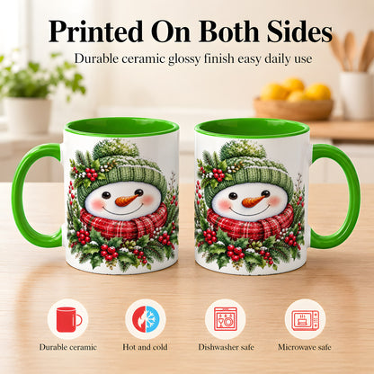 #pl[11oz|Green] Christmas Snowman Coffee Mug, Holly Berry Mug, Ceramic Cup
