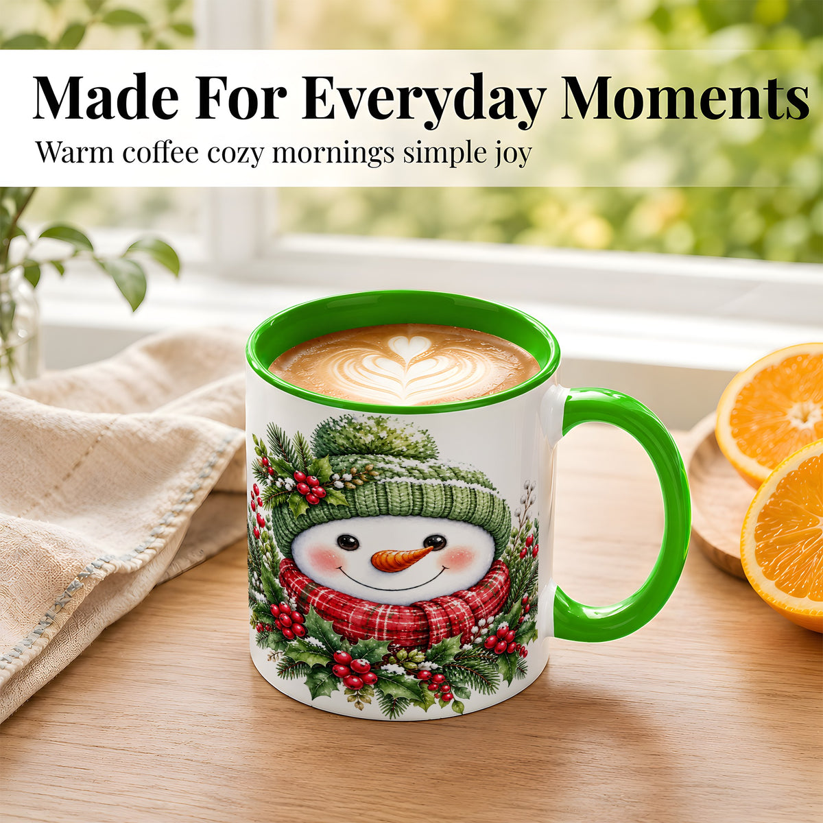 #pl[11oz|Green] Christmas Snowman Coffee Mug, Holly Berry Mug, Ceramic Cup