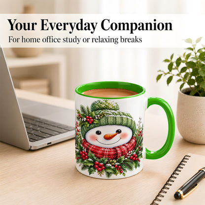 #pl[11oz|Green] Christmas Snowman Coffee Mug, Holly Berry Mug, Ceramic Cup