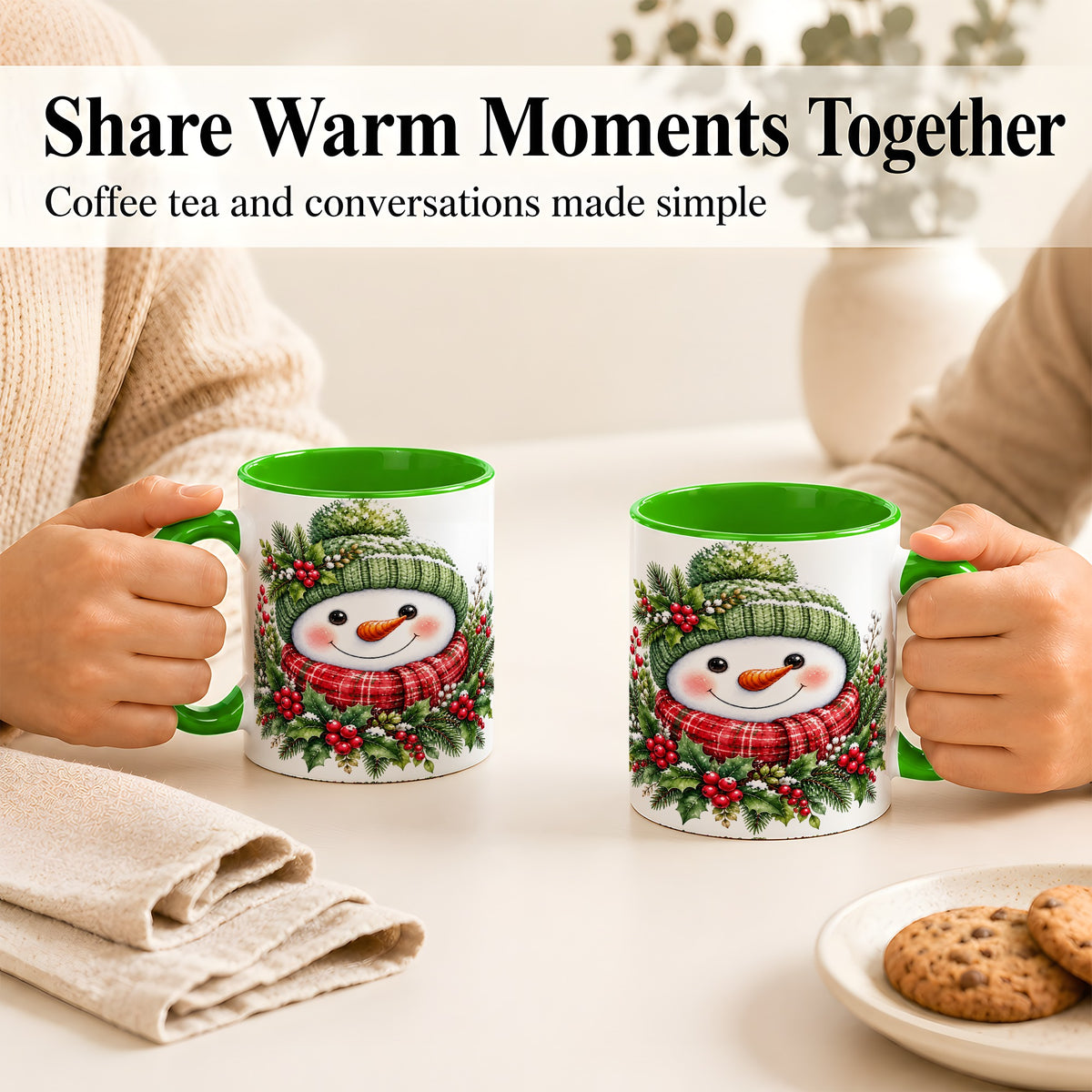 #pl[11oz|Green] Christmas Snowman Coffee Mug, Holly Berry Mug, Ceramic Cup