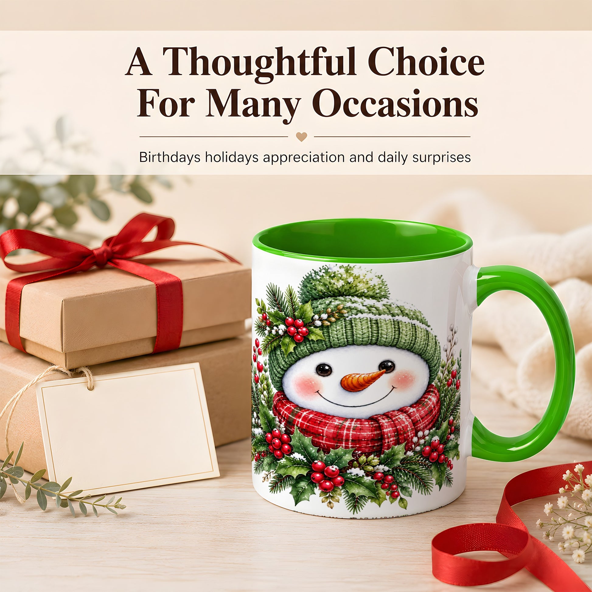 #pl[11oz|Green] Christmas Snowman Coffee Mug, Holly Berry Mug, Ceramic Cup