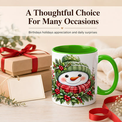 #pl[11oz|Green] Christmas Snowman Coffee Mug, Holly Berry Mug, Ceramic Cup