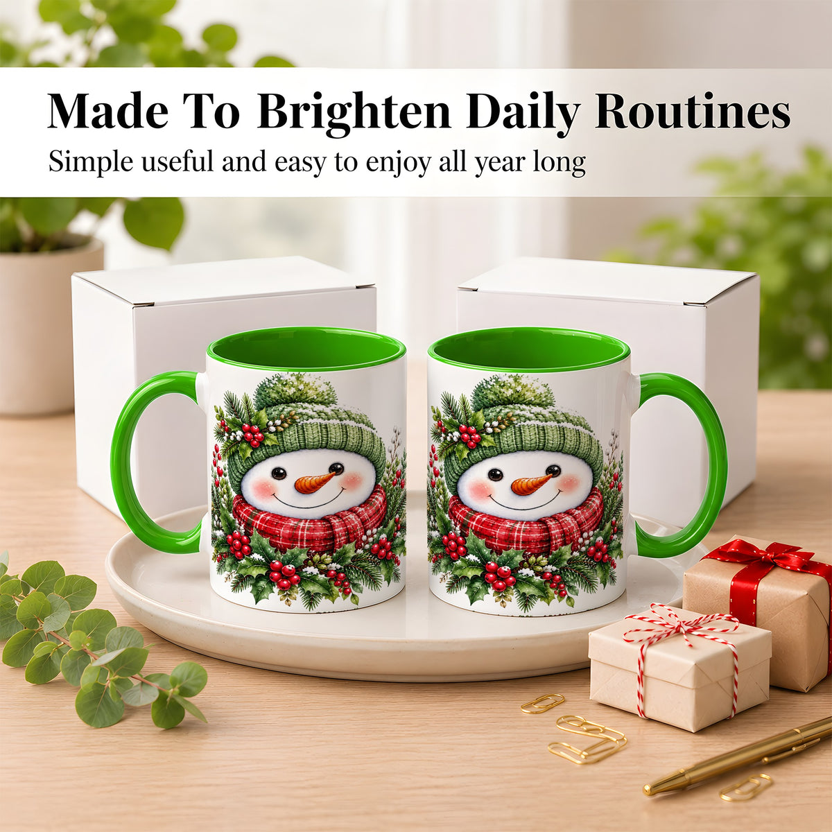 #pl[11oz|Green] Christmas Snowman Coffee Mug, Holly Berry Mug, Ceramic Cup