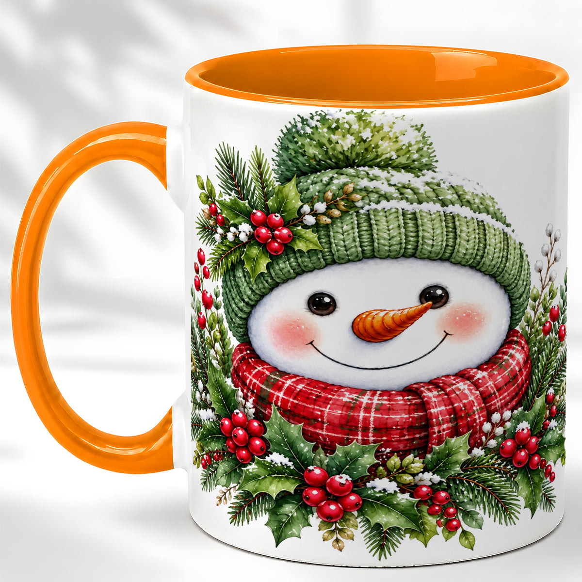 #pl[11oz|Orange] Christmas Snowman Coffee Mug, Holly Berry Mug, Ceramic Cup