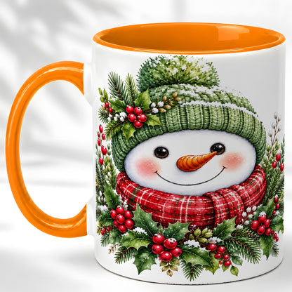 #pl[11oz|Orange] Christmas Snowman Coffee Mug, Holly Berry Mug, Ceramic Cup