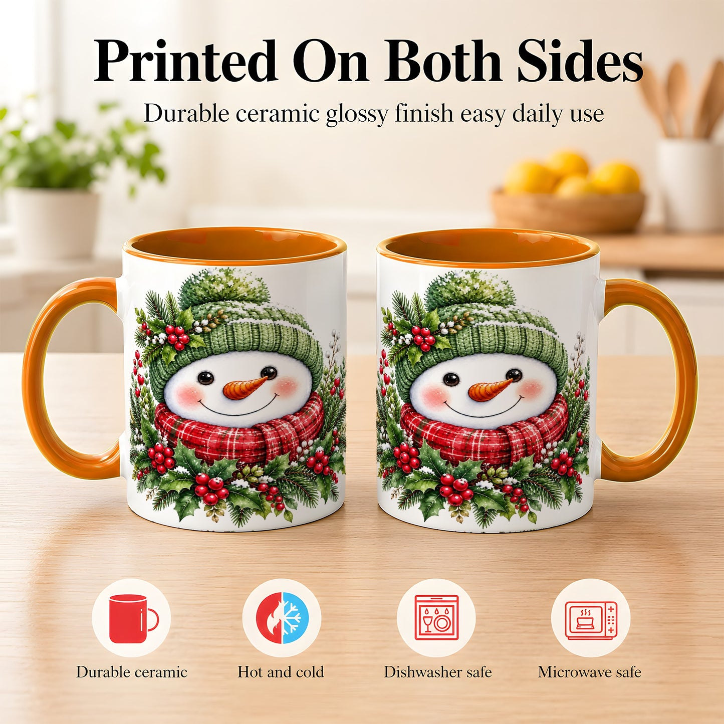 #pl[11oz|Orange] Christmas Snowman Coffee Mug, Holly Berry Mug, Ceramic Cup