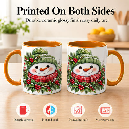 #pl[11oz|Orange] Christmas Snowman Coffee Mug, Holly Berry Mug, Ceramic Cup