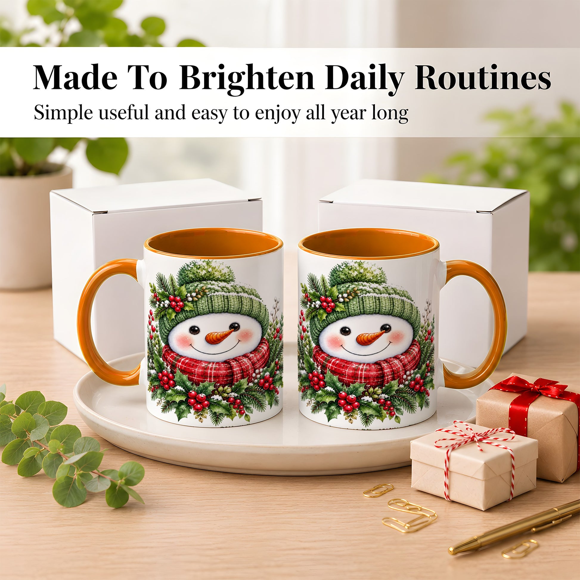 #pl[11oz|Orange] Christmas Snowman Coffee Mug, Holly Berry Mug, Ceramic Cup
