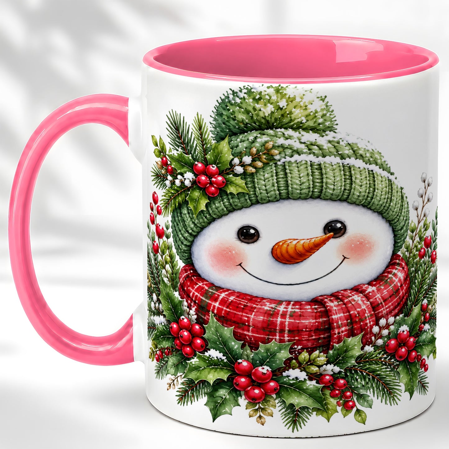 #pl[11oz|Pink] Christmas Snowman Coffee Mug, Holly Berry Mug, Ceramic Cup