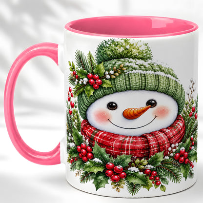 #pl[11oz|Pink] Christmas Snowman Coffee Mug, Holly Berry Mug, Ceramic Cup