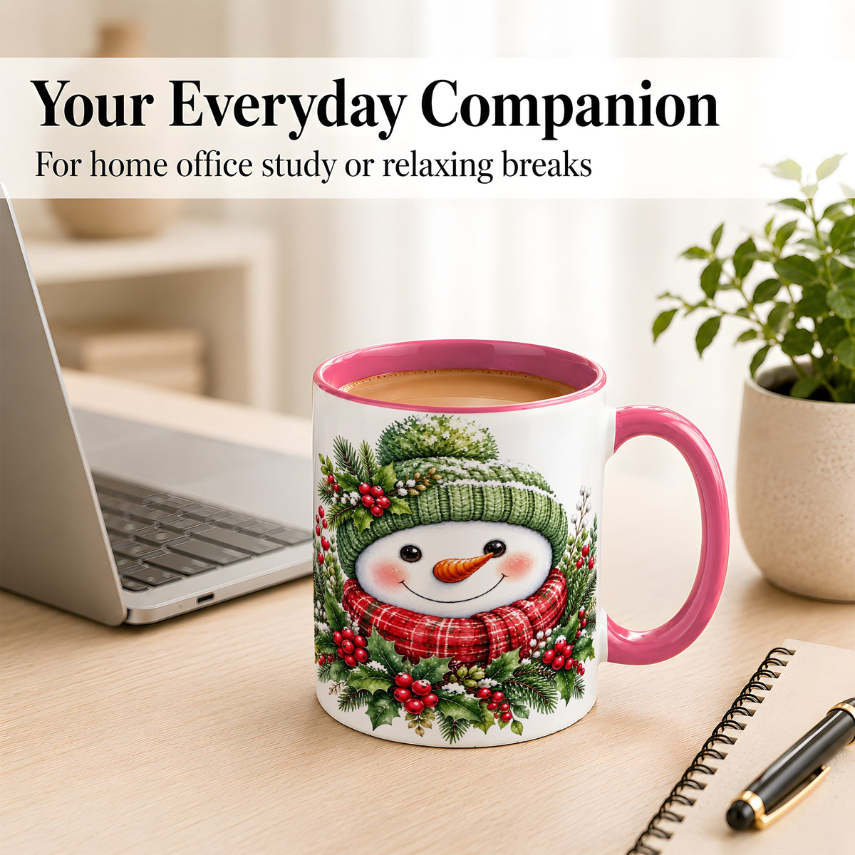 #pl[11oz|Pink] Christmas Snowman Coffee Mug, Holly Berry Mug, Ceramic Cup