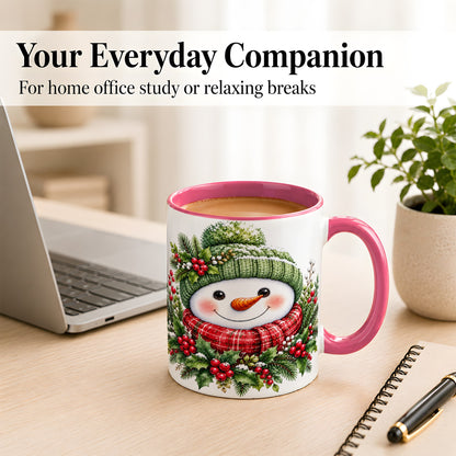 #pl[11oz|Pink] Christmas Snowman Coffee Mug, Holly Berry Mug, Ceramic Cup