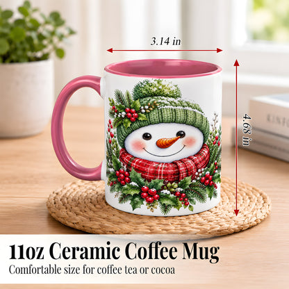 #pl[11oz|Pink] Christmas Snowman Coffee Mug, Holly Berry Mug, Ceramic Cup