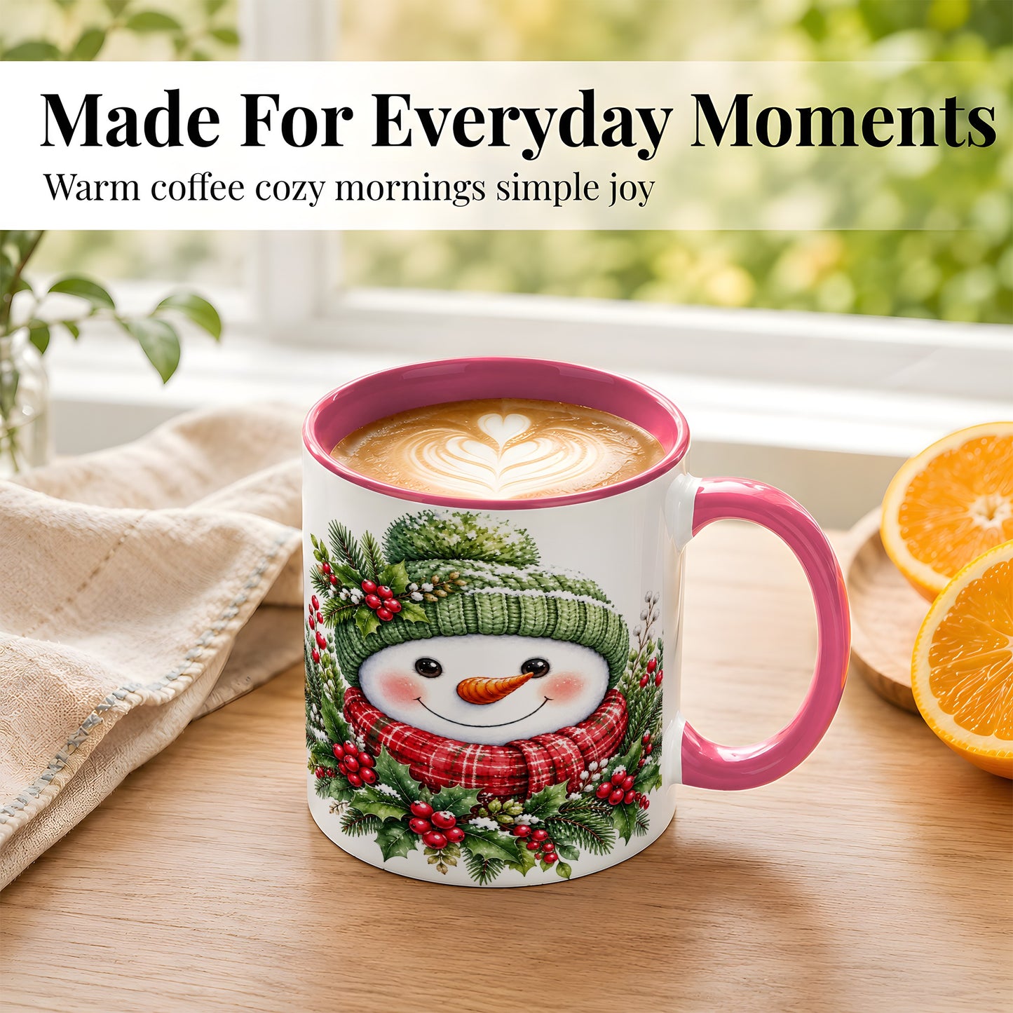 #pl[11oz|Pink] Christmas Snowman Coffee Mug, Holly Berry Mug, Ceramic Cup