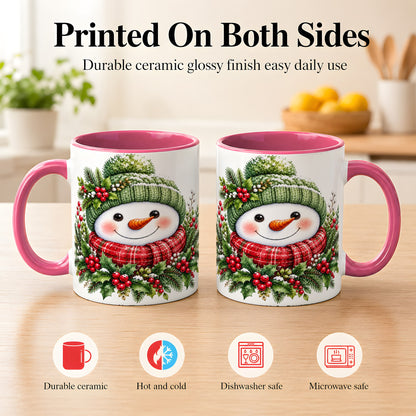 #pl[11oz|Pink] Christmas Snowman Coffee Mug, Holly Berry Mug, Ceramic Cup
