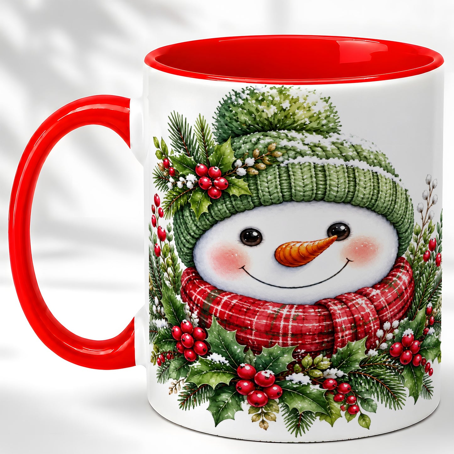Christmas Snowman Coffee Mug, Holly Berry Mug, Ceramic Cup