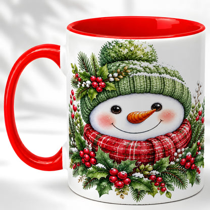 Christmas Snowman Coffee Mug, Holly Berry Mug, Ceramic Cup