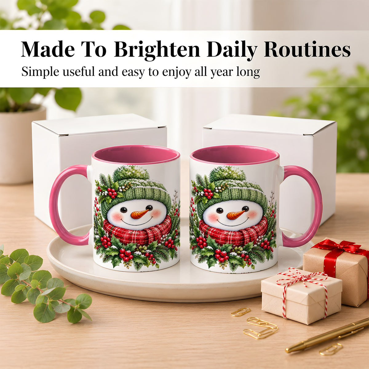 #pl[11oz|Pink] Christmas Snowman Coffee Mug, Holly Berry Mug, Ceramic Cup