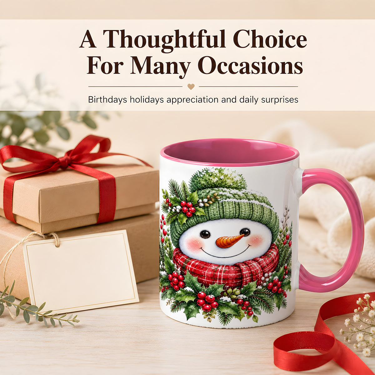 #pl[11oz|Pink] Christmas Snowman Coffee Mug, Holly Berry Mug, Ceramic Cup