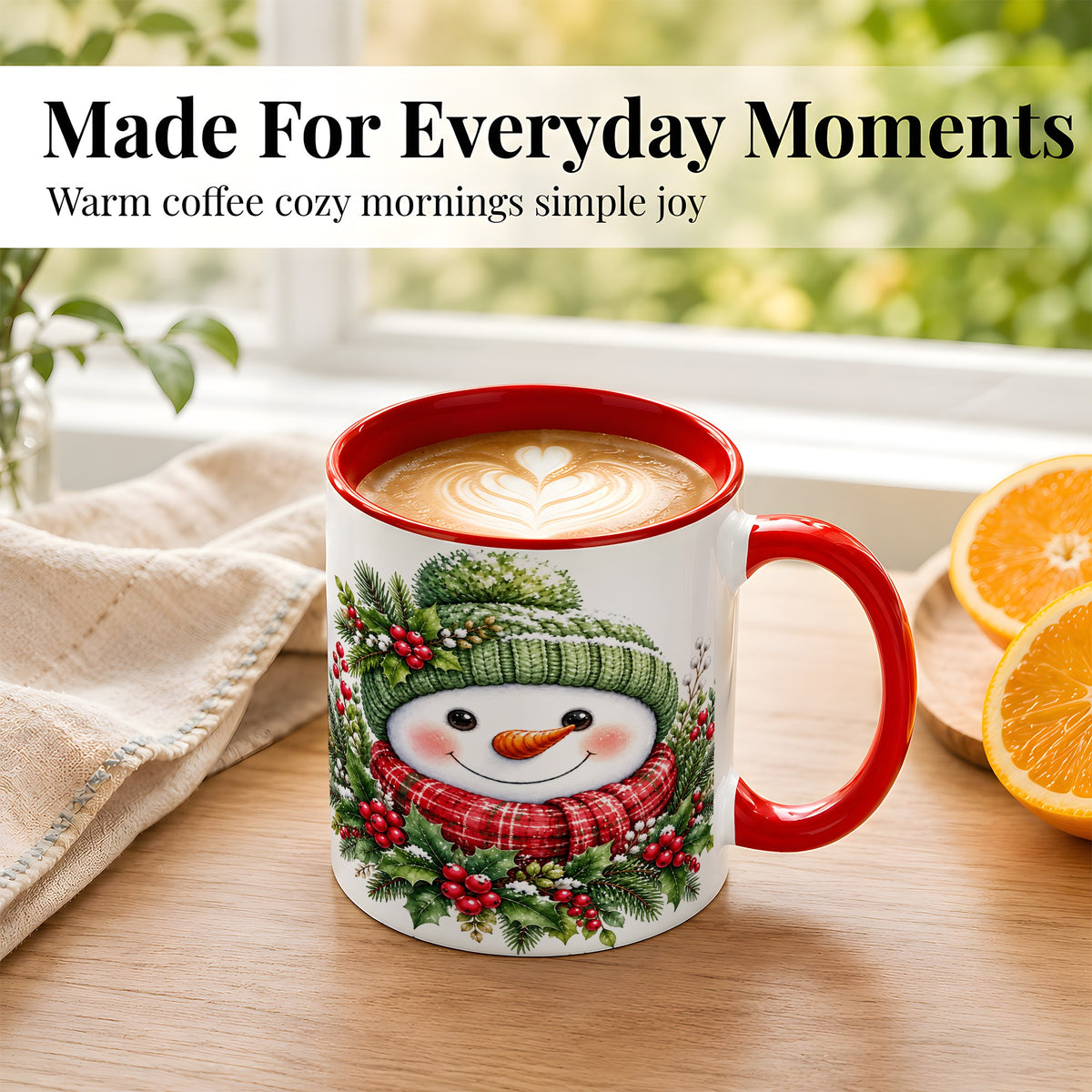 #pl[11oz|Red] Christmas Snowman Coffee Mug, Holly Berry Mug, Ceramic Cup