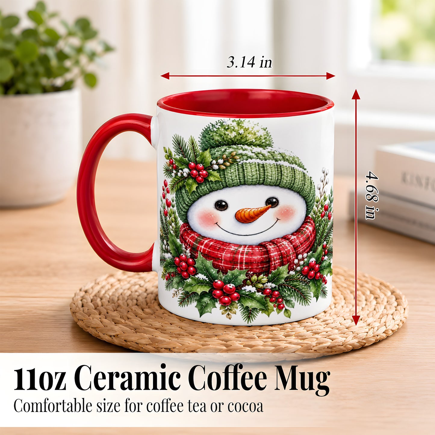 #pl[11oz|Red] Christmas Snowman Coffee Mug, Holly Berry Mug, Ceramic Cup