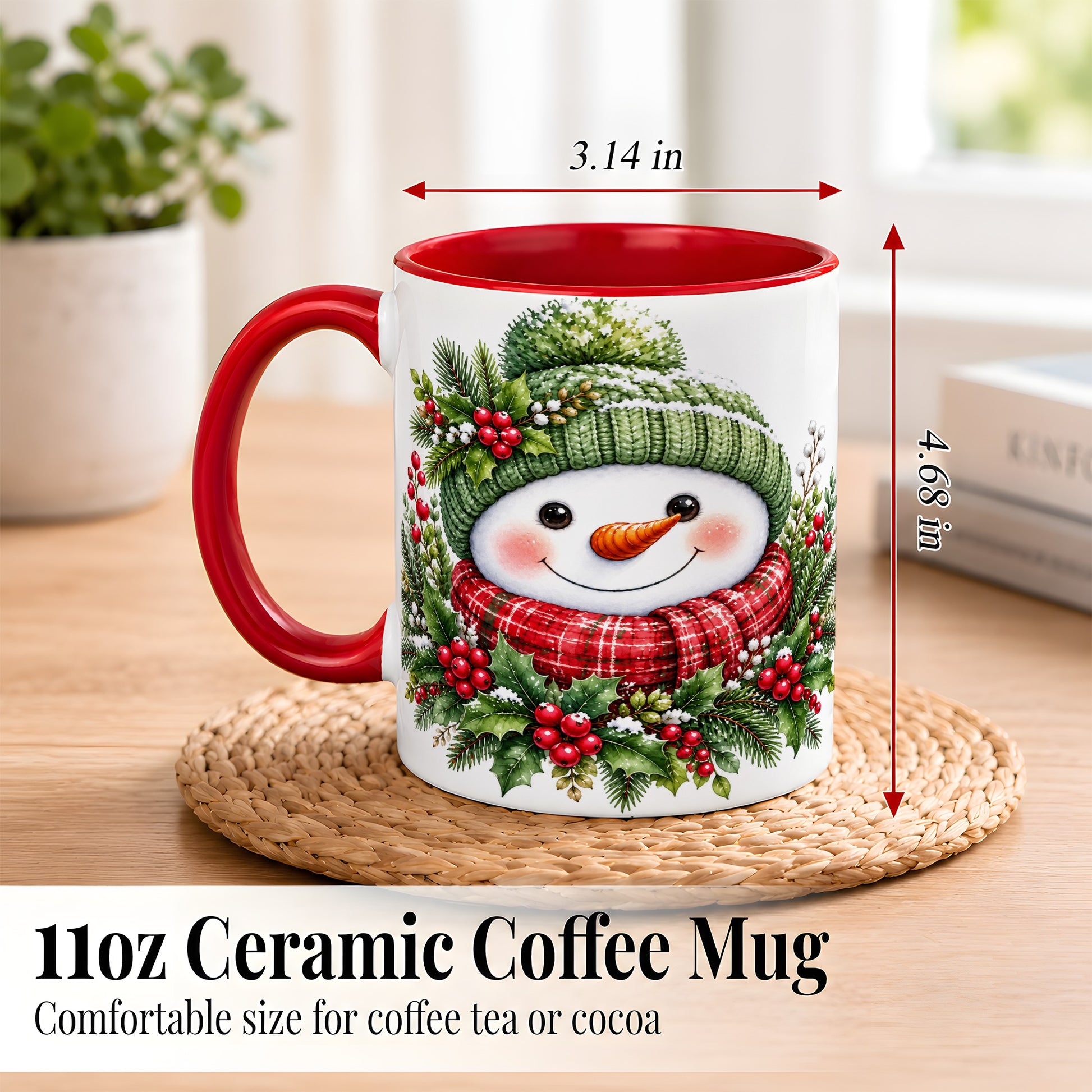 #pl[11oz|Red] Christmas Snowman Coffee Mug, Holly Berry Mug, Ceramic Cup