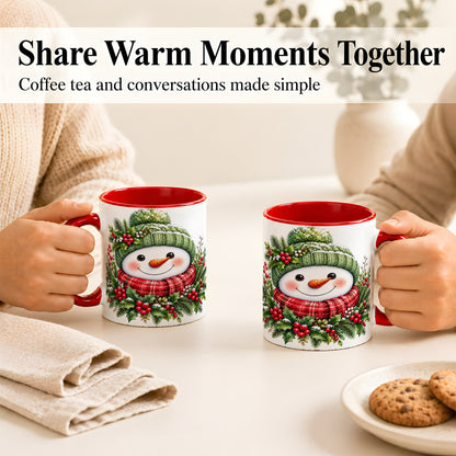 #pl[11oz|Red] Christmas Snowman Coffee Mug, Holly Berry Mug, Ceramic Cup