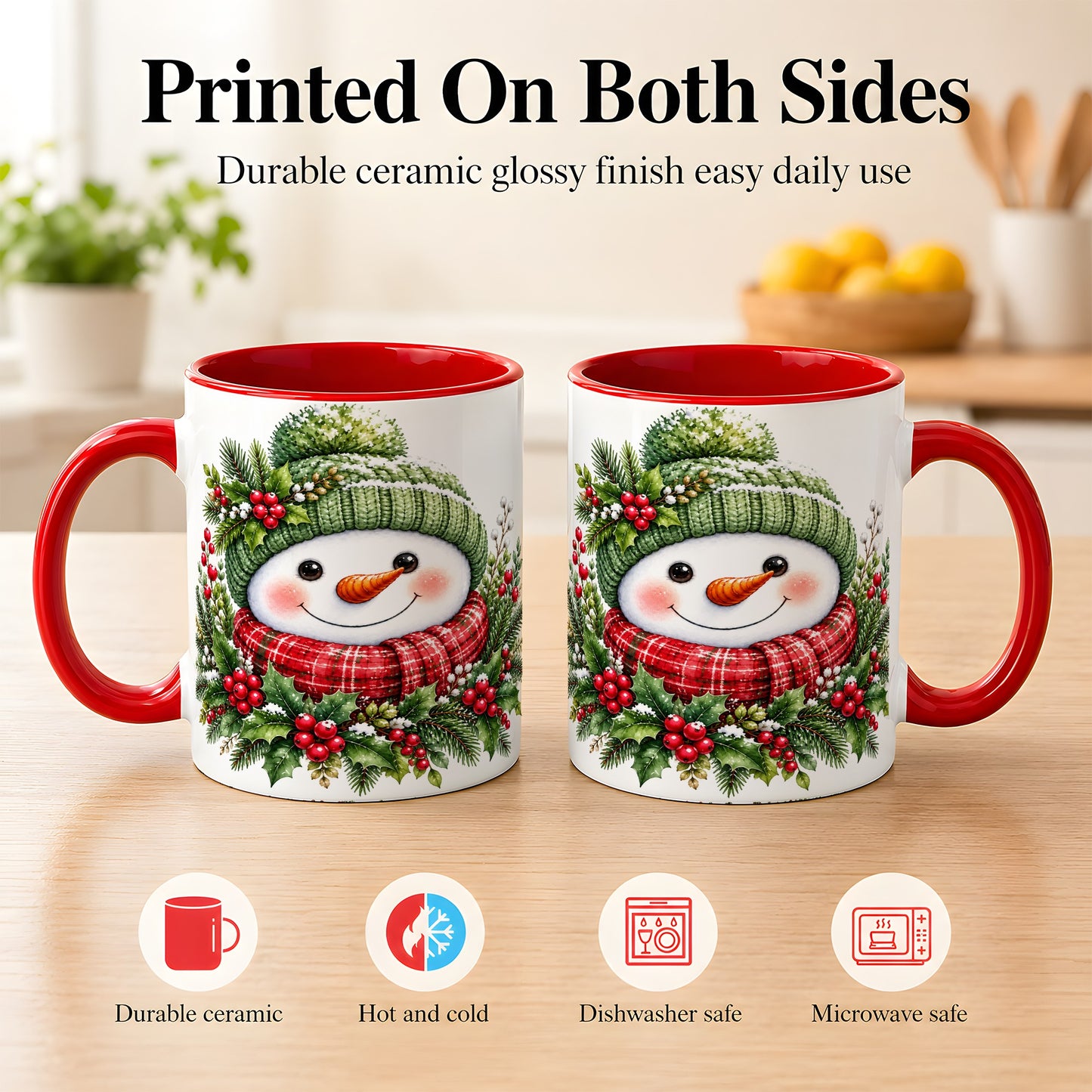 #pl[11oz|Red] Christmas Snowman Coffee Mug, Holly Berry Mug, Ceramic Cup