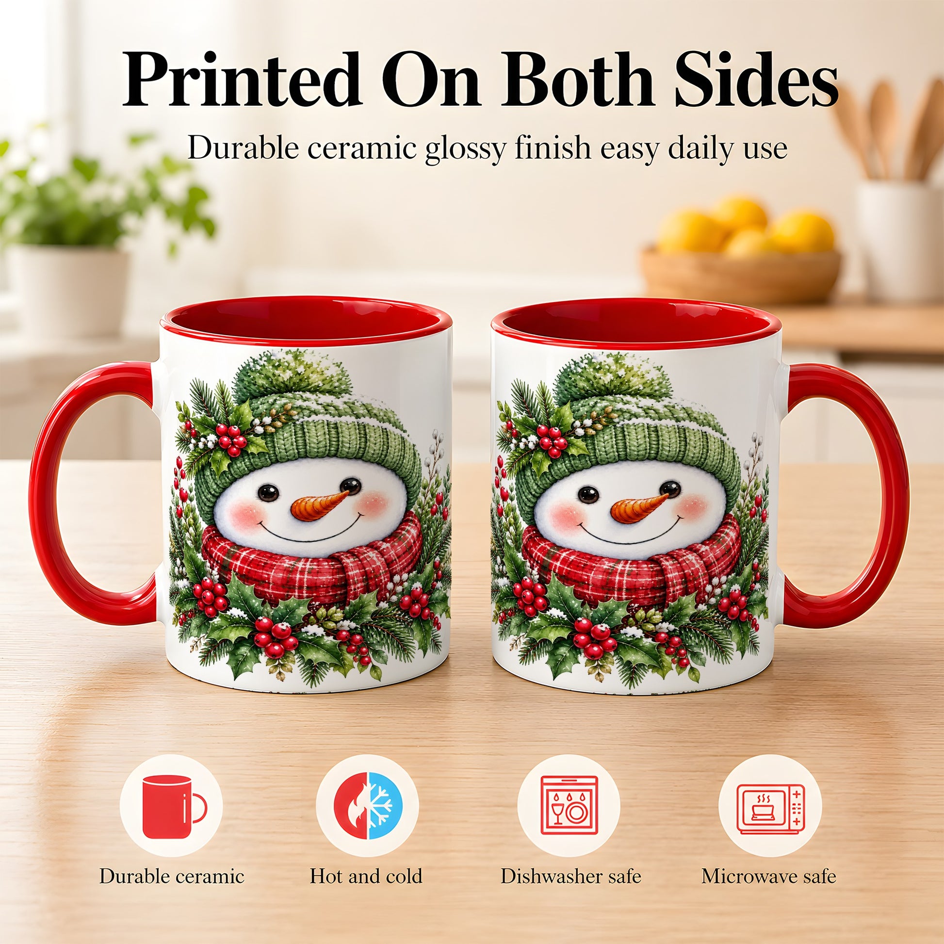 #pl[11oz|Red] Christmas Snowman Coffee Mug, Holly Berry Mug, Ceramic Cup