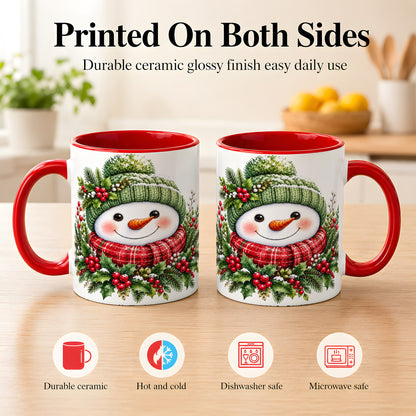 #pl[11oz|Red] Christmas Snowman Coffee Mug, Holly Berry Mug, Ceramic Cup
