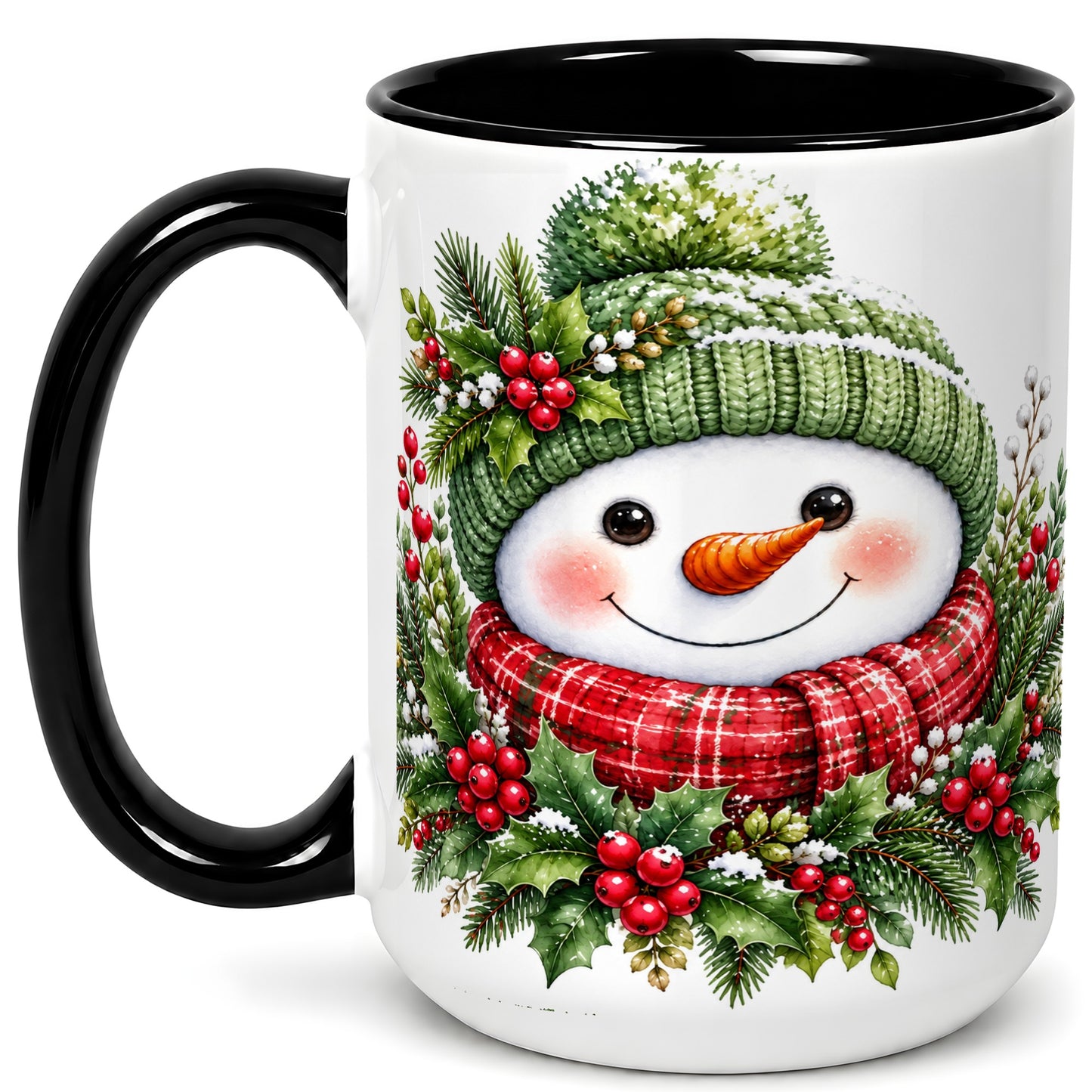 #pl[15oz|Black] Christmas Snowman Coffee Mug, Holly Berry Mug, Ceramic Cup