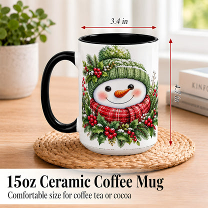 #pl[15oz|Black] Christmas Snowman Coffee Mug, Holly Berry Mug, Ceramic Cup