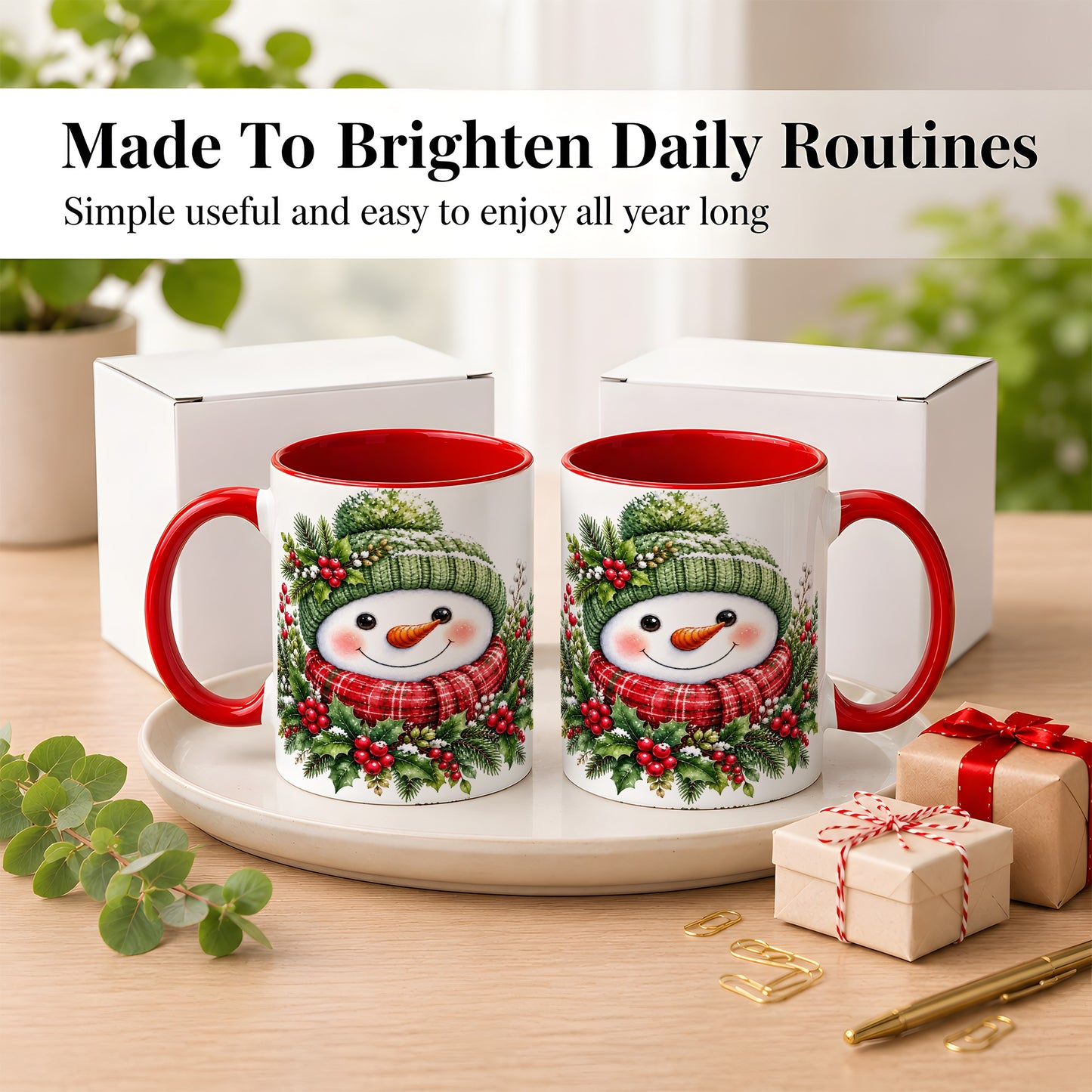 #pl[11oz|Red] Christmas Snowman Coffee Mug, Holly Berry Mug, Ceramic Cup