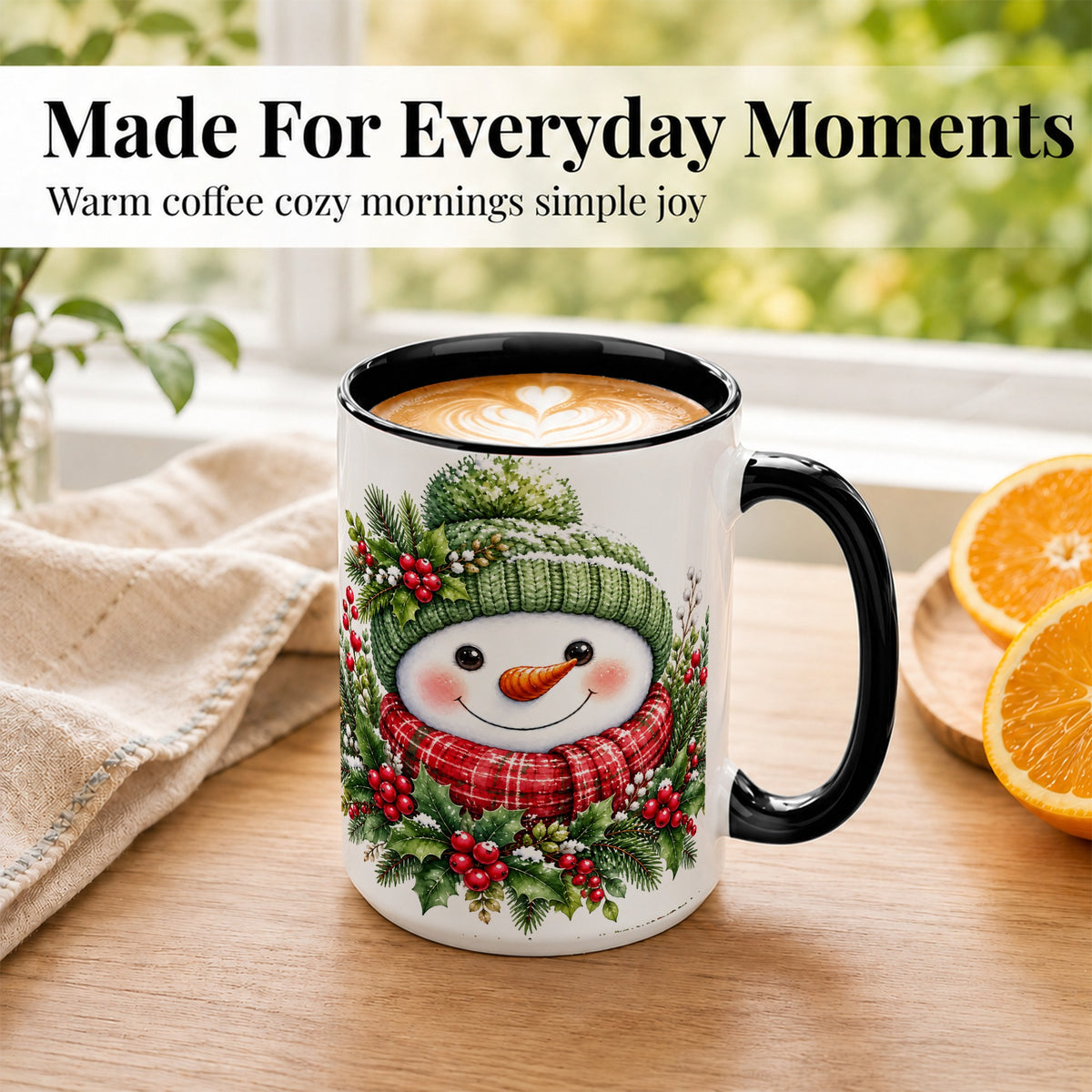 #pl[15oz|Black] Christmas Snowman Coffee Mug, Holly Berry Mug, Ceramic Cup