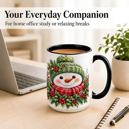 #pl[15oz|Black] Christmas Snowman Coffee Mug, Holly Berry Mug, Ceramic Cup