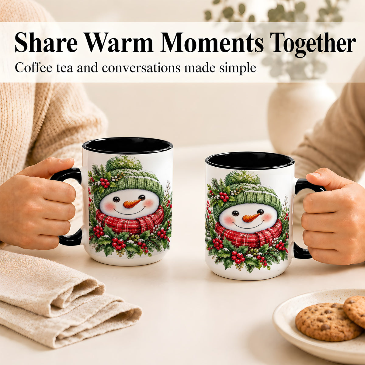 #pl[15oz|Black] Christmas Snowman Coffee Mug, Holly Berry Mug, Ceramic Cup