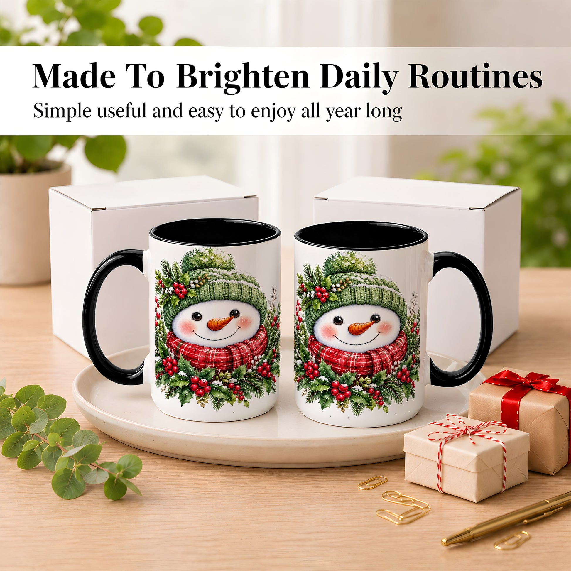 #pl[15oz|Black] Christmas Snowman Coffee Mug, Holly Berry Mug, Ceramic Cup