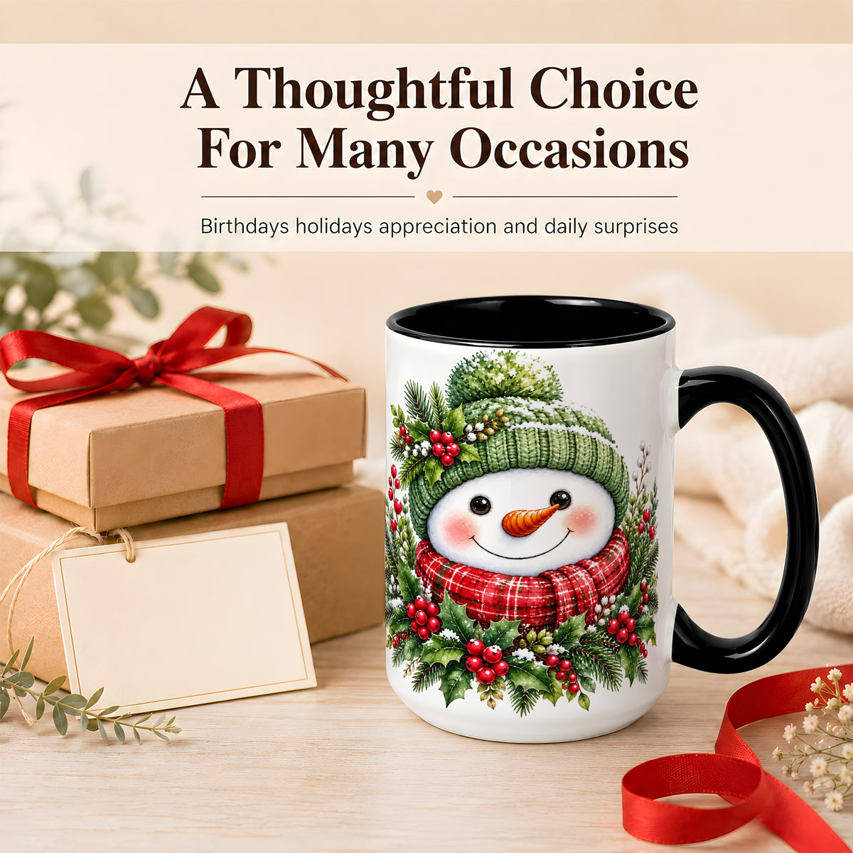 #pl[15oz|Black] Christmas Snowman Coffee Mug, Holly Berry Mug, Ceramic Cup