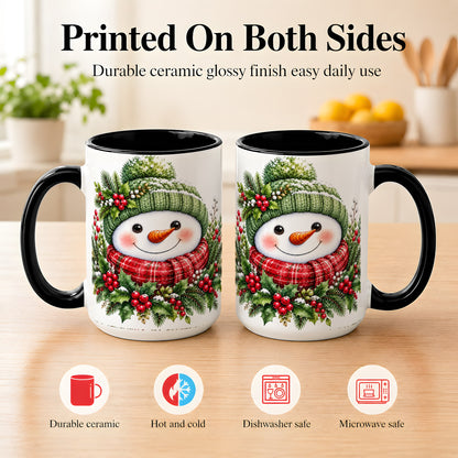 #pl[15oz|Black] Christmas Snowman Coffee Mug, Holly Berry Mug, Ceramic Cup