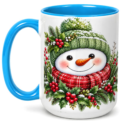 #pl[15oz|Blue] Christmas Snowman Coffee Mug, Holly Berry Mug, Ceramic Cup