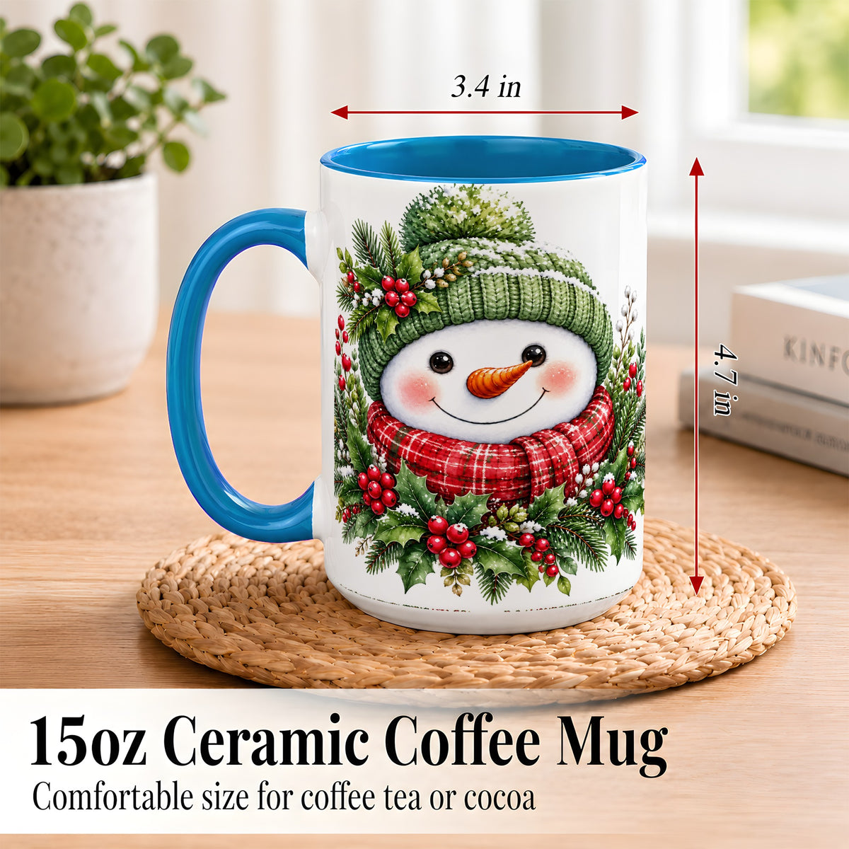 #pl[15oz|Blue] Christmas Snowman Coffee Mug, Holly Berry Mug, Ceramic Cup