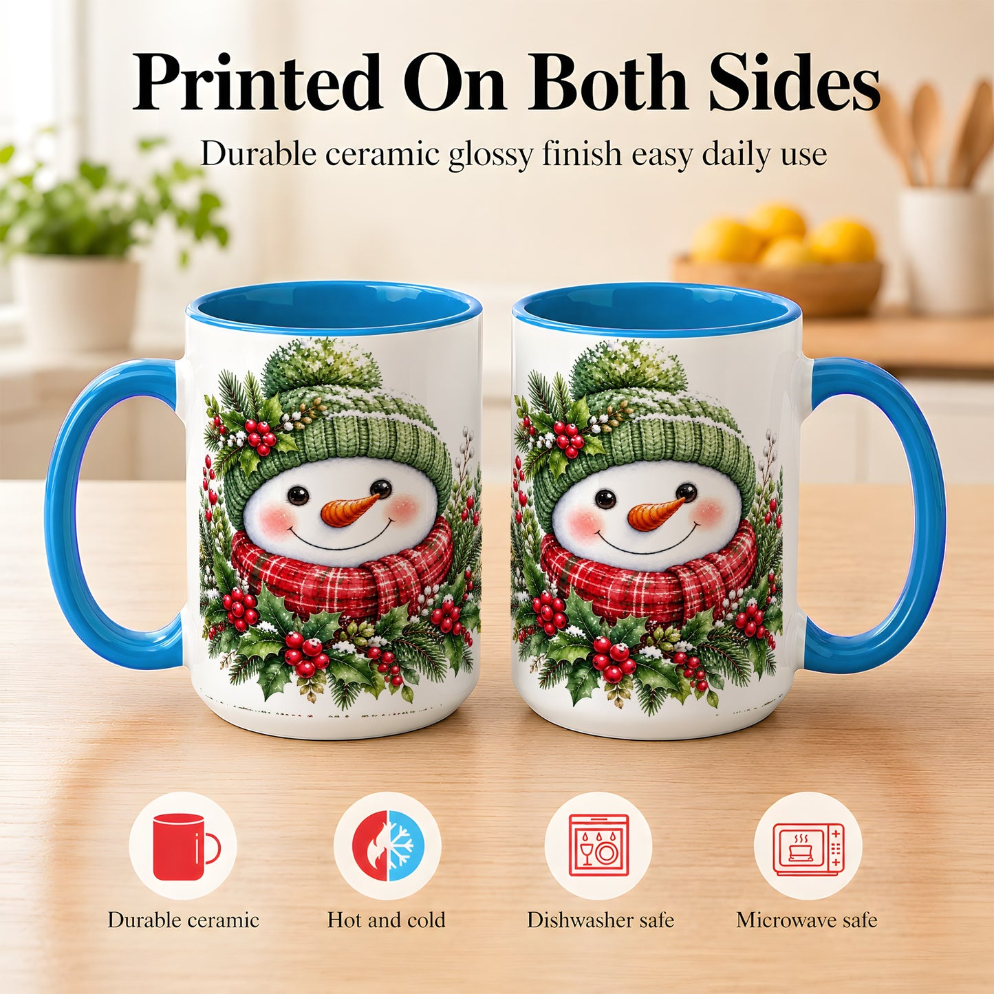 #pl[15oz|Blue] Christmas Snowman Coffee Mug, Holly Berry Mug, Ceramic Cup