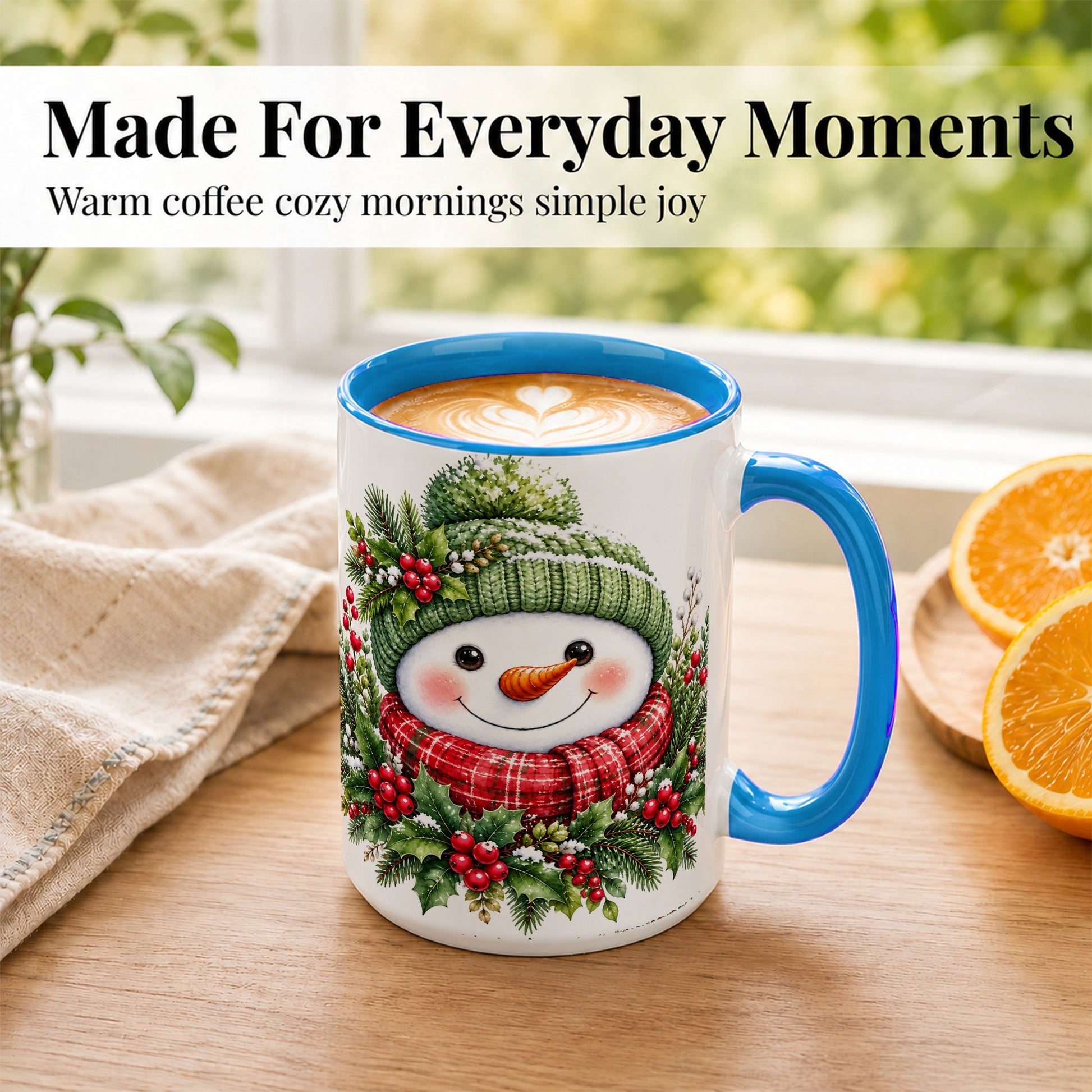 #pl[15oz|Blue] Christmas Snowman Coffee Mug, Holly Berry Mug, Ceramic Cup