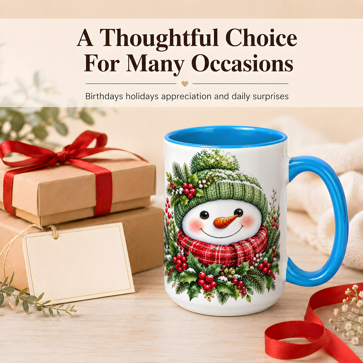 #pl[15oz|Blue] Christmas Snowman Coffee Mug, Holly Berry Mug, Ceramic Cup