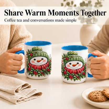 #pl[15oz|Blue] Christmas Snowman Coffee Mug, Holly Berry Mug, Ceramic Cup